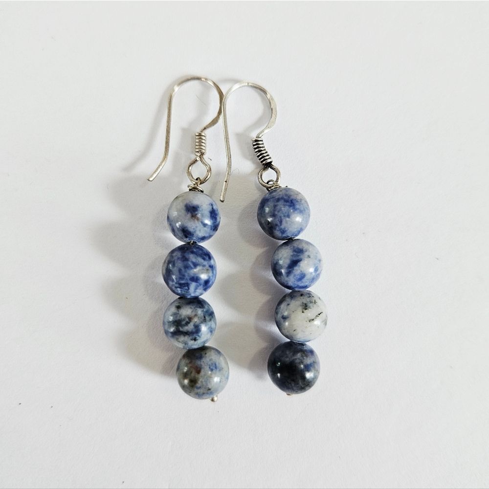 Vintage Sterling Silver Blue Marbled Sodalite Round Beaded Dangle Drop Earrings